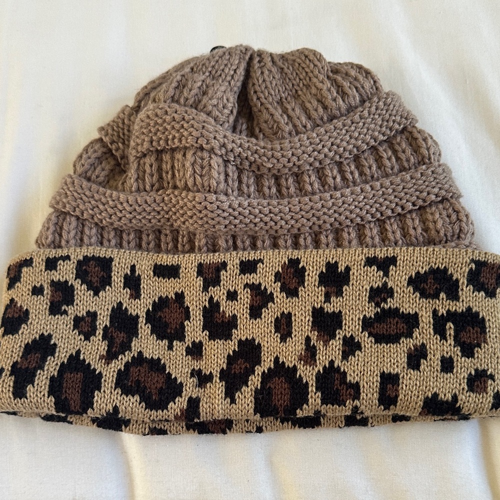 C.C Tan and Brown Leopard Print Beanie - Picture 2 of 7